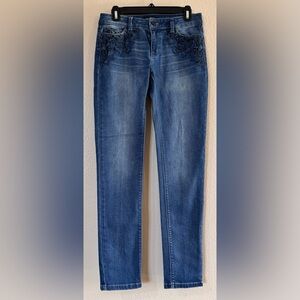 WHBM Lace & Bead Embellished Slim Jeans 4R Blue Embroidered Mid Rise